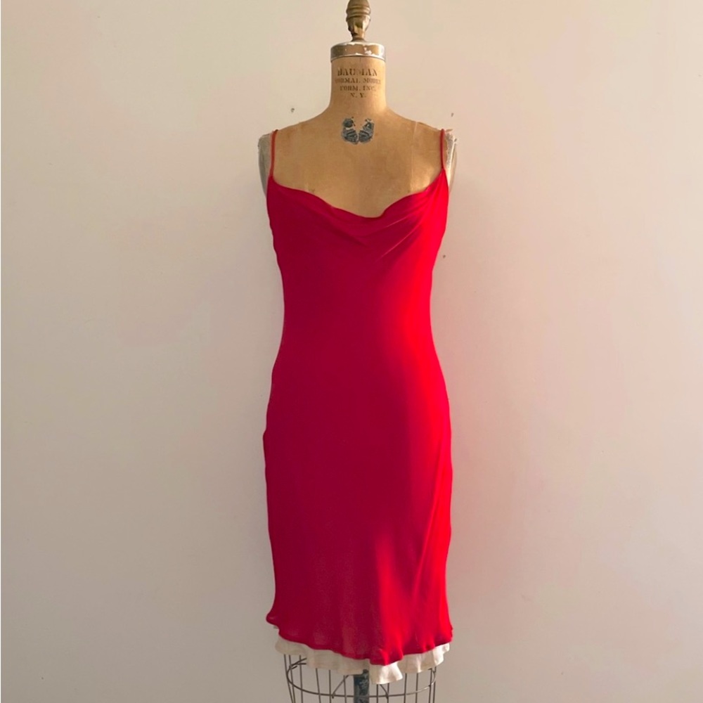 DEUX] Designer Red Tan Double layers Bias cut Crepe Cami Slip Dress